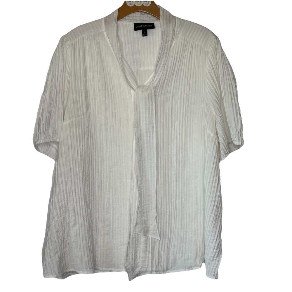 Lane Bryant Button-Up Blouse White‎ 20 Tie Neck Short Sleeve Ribbed Rayon Career
